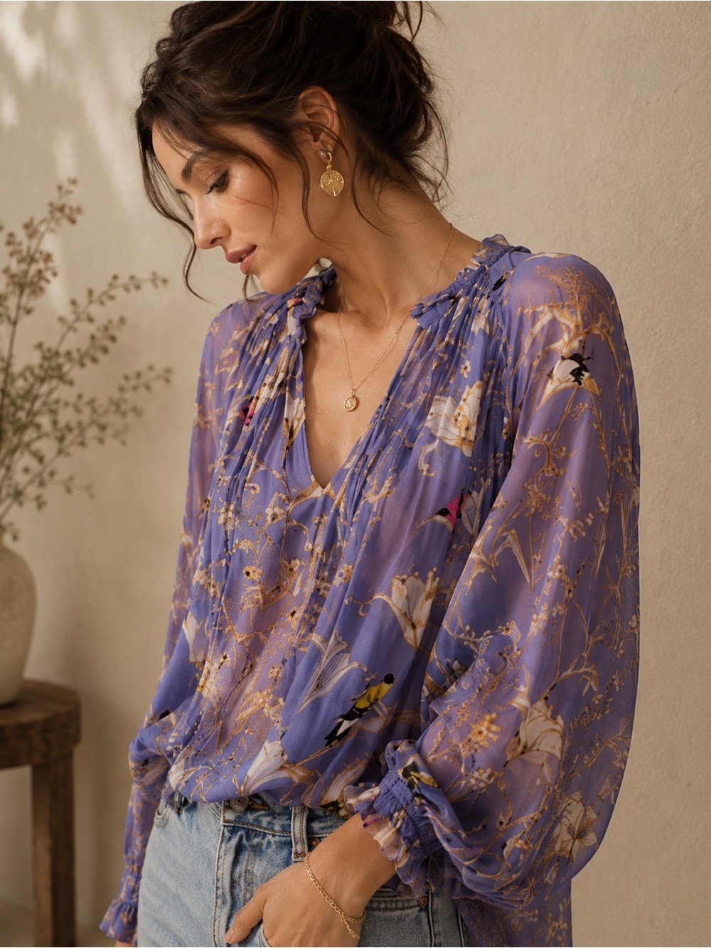 Banana Republic Lavender Floral Bird Tie-Neck Blouse
